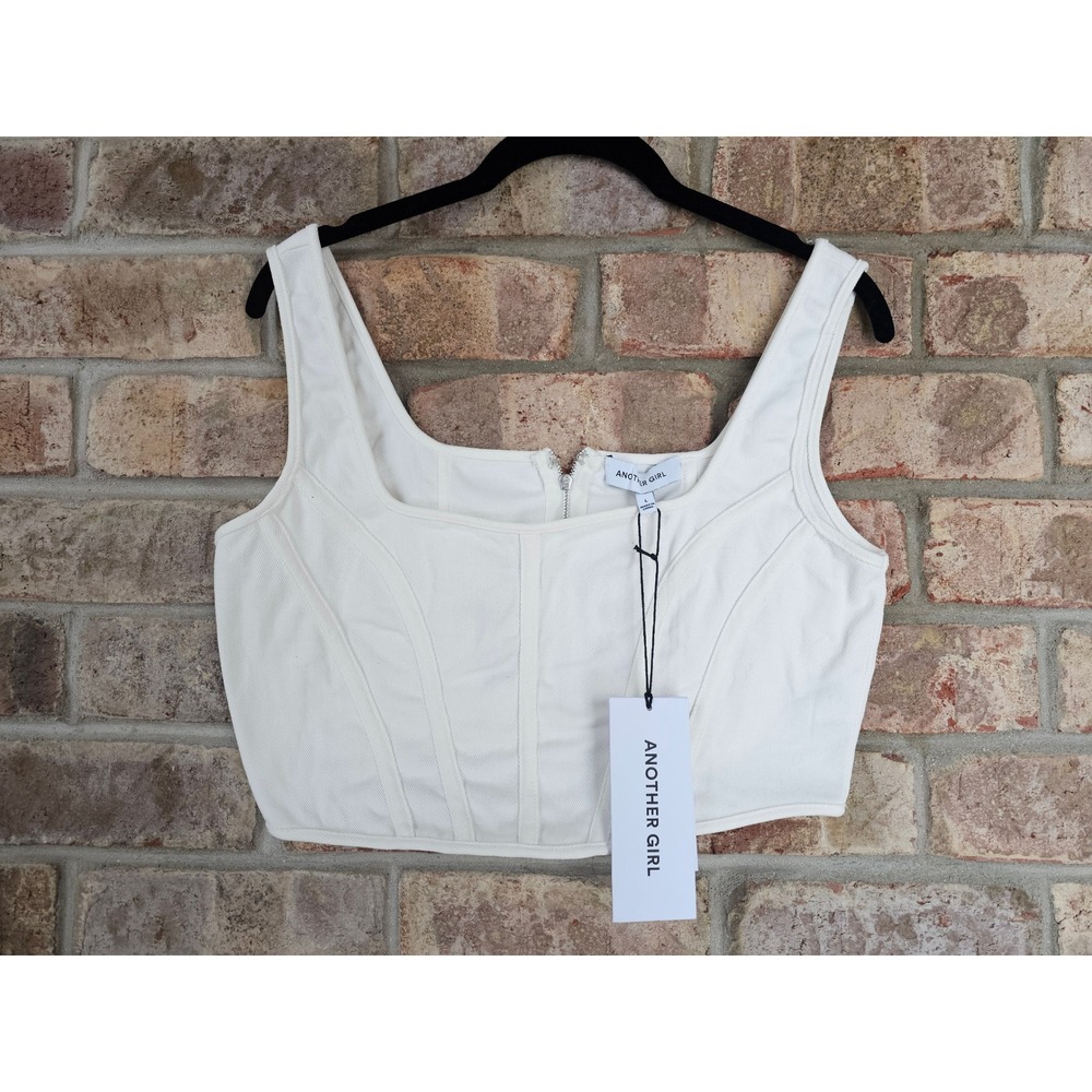 Another Girl Corset Top White L Organic Denim Zipper Front‎ Cutout Detail NEW